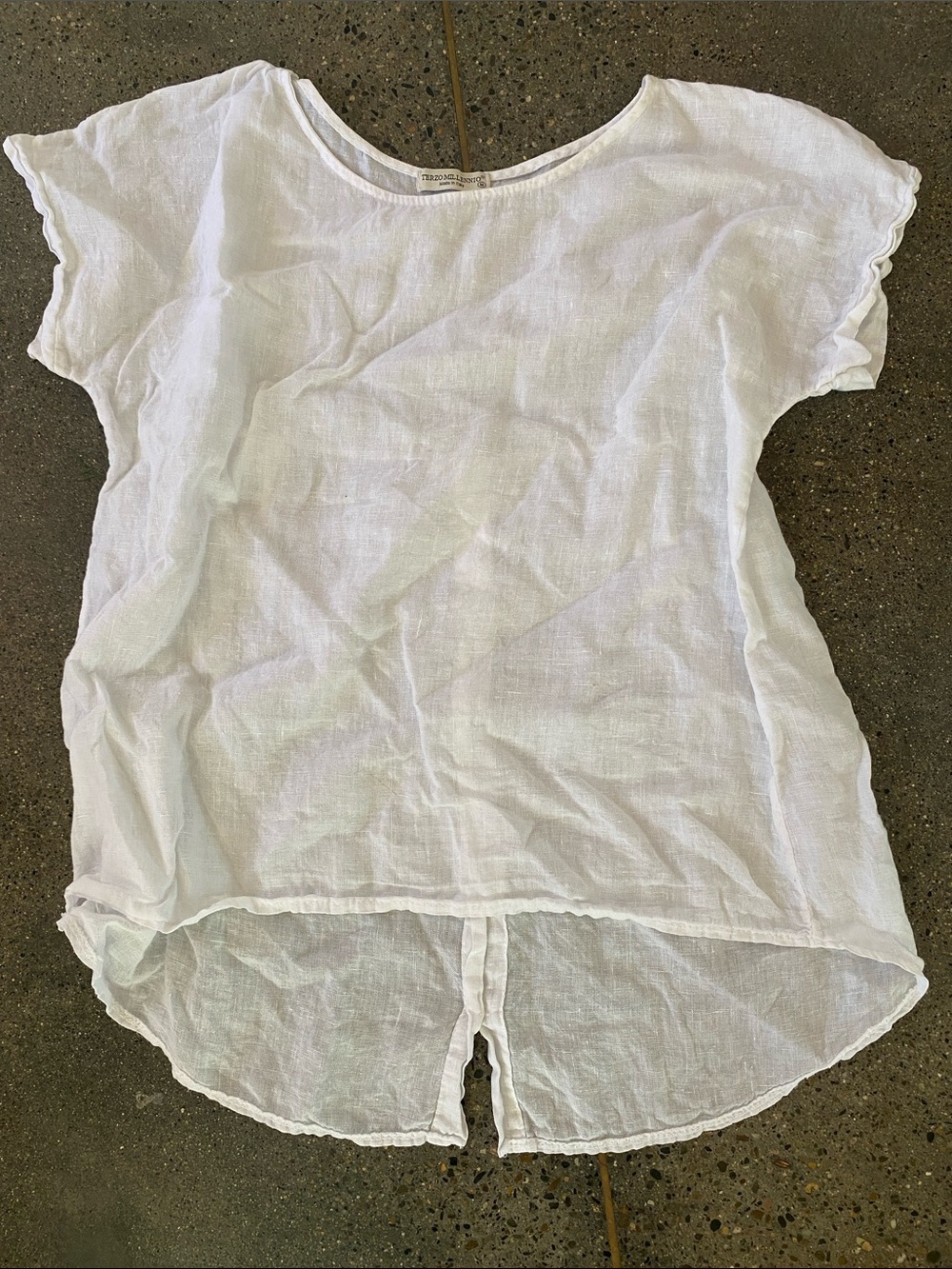 Terzo Millennio White Linen Scoop Neck Top blouse short sleeve mother of pearl M